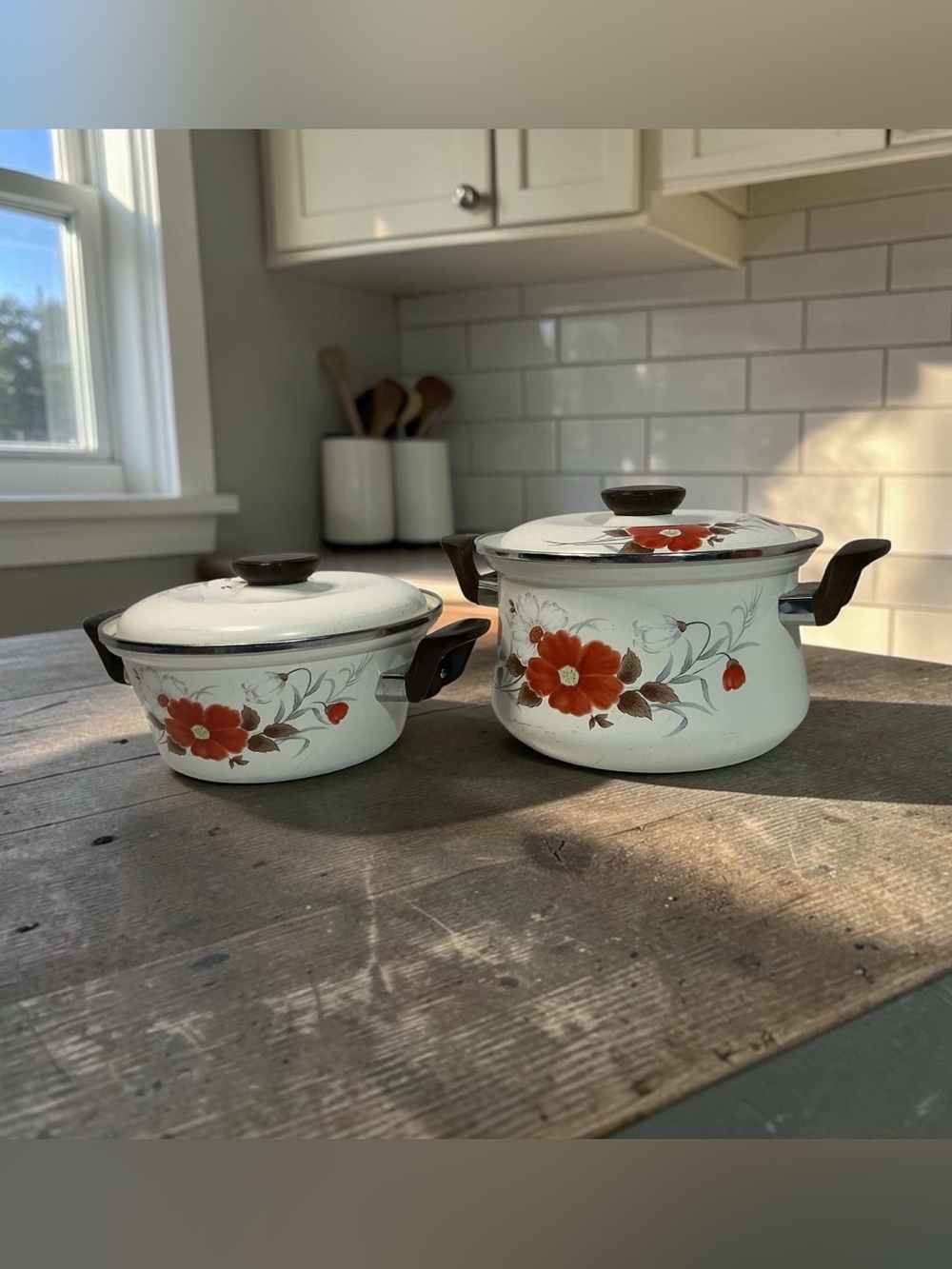 Enamel Floral Stockpot and Saucepan Set - White with Red Flowers